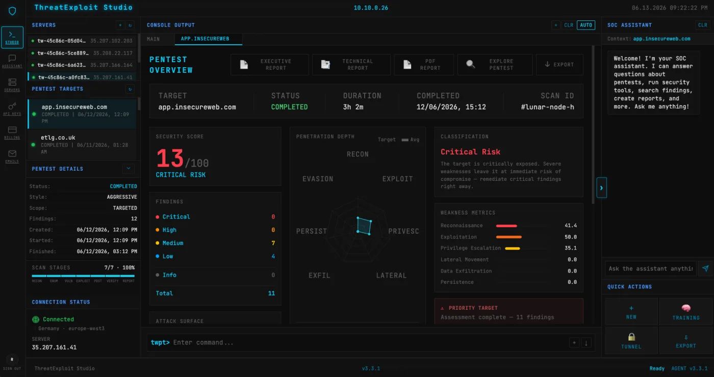 ThreatExploit AI engine running an automated pentest from recon to exploitation