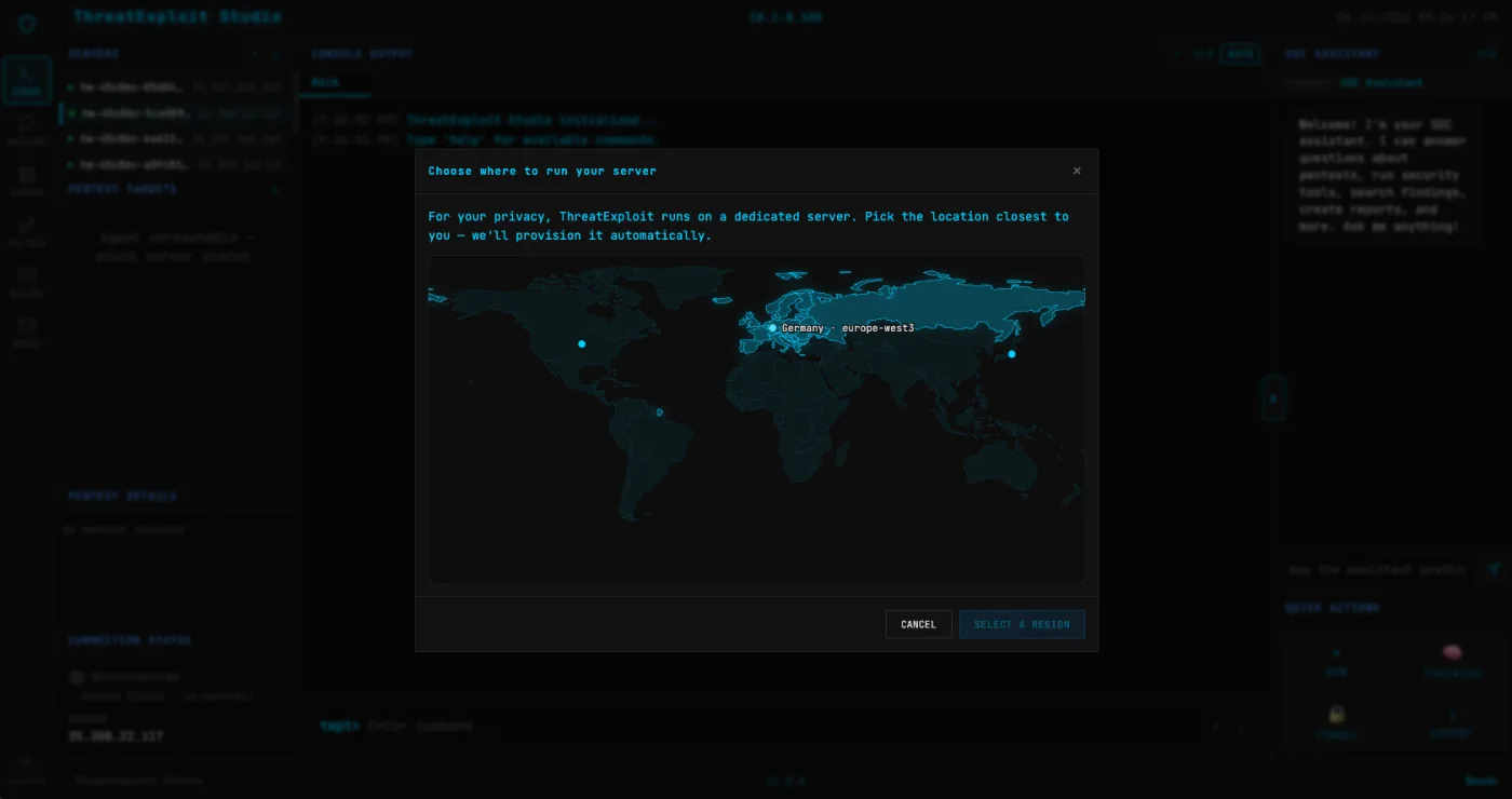 ThreatExploit partner portal managing dedicated pentest servers