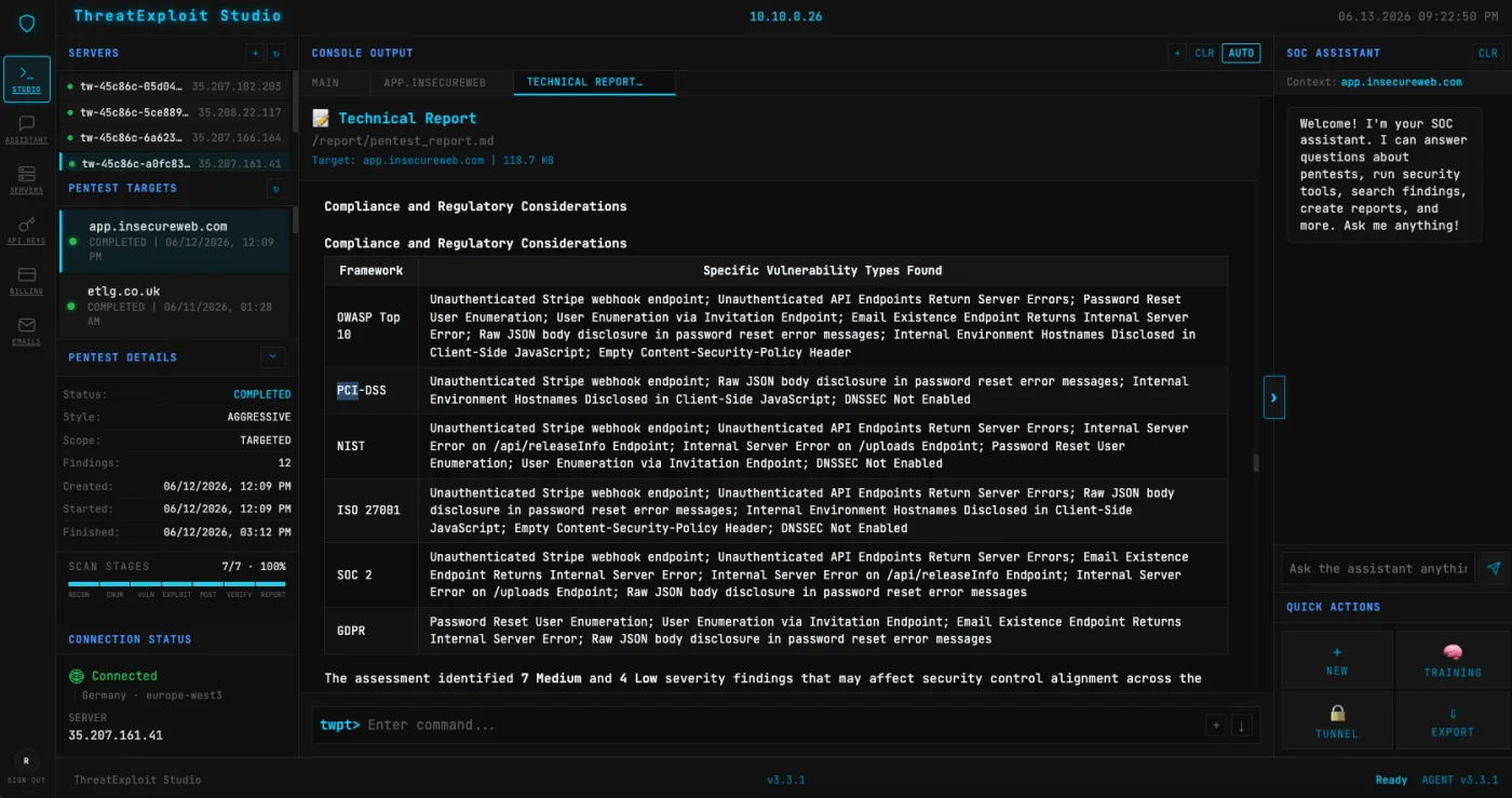 ThreatExploit client-ready report explorer with executive and technical views